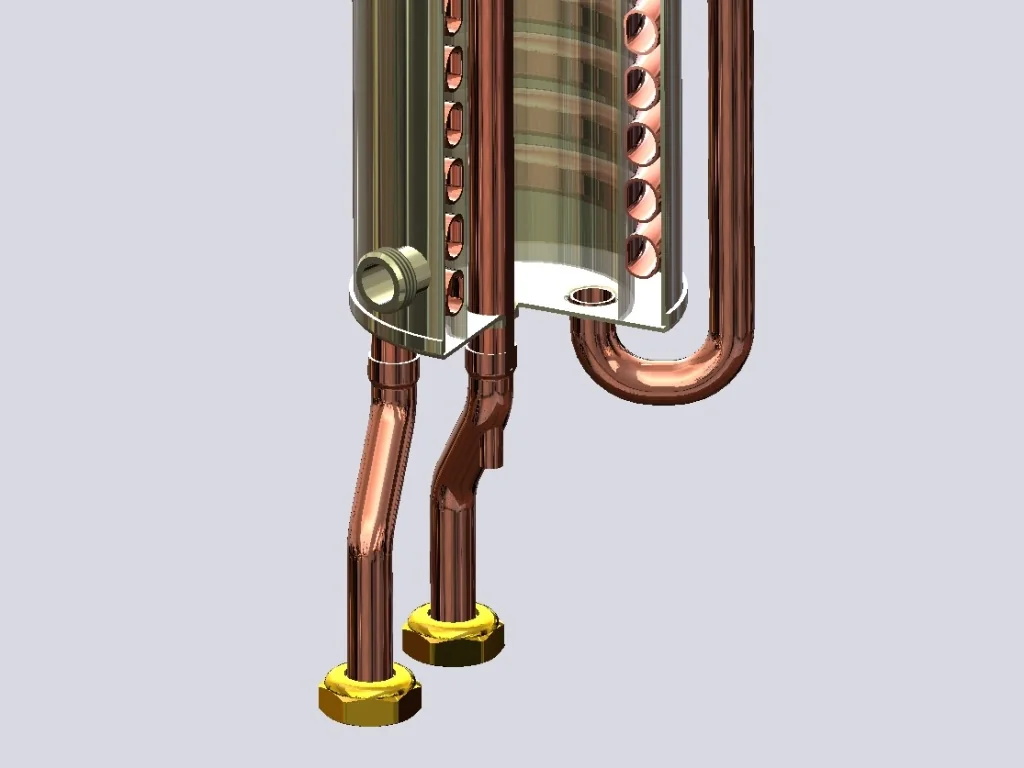 3D-model van een tapboiler met koperen leidingen